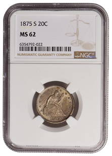 1875-S Twenty Cents NGC MS62: One 1875-S Twenty Cents NGC MS62.