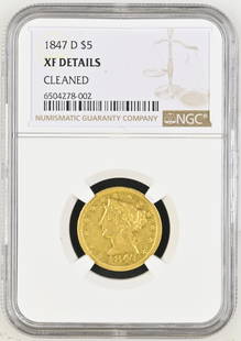 1847-D $5 Liberty Head Half Eagle NGC XF Cleaned: One 1847-D $5 Liberty Head Half Eagle NGC XF Cleaned.