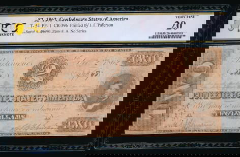 1862 $2 T-54 Confederate PCGS 20: One 1862 $2 T-54 Confederate PCGS 20.