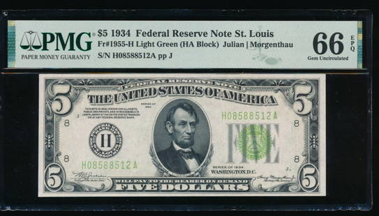 1934 $5 St Louis FRN PMG 66EPQ: One 1934 $5 St Louis FRN PMG 66EPQ.