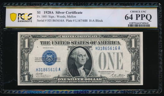 1928A $1 Silver Certificate PCGS 64PPQ: One 1928A $1 Silver Certificate PCGS 64PPQ.
