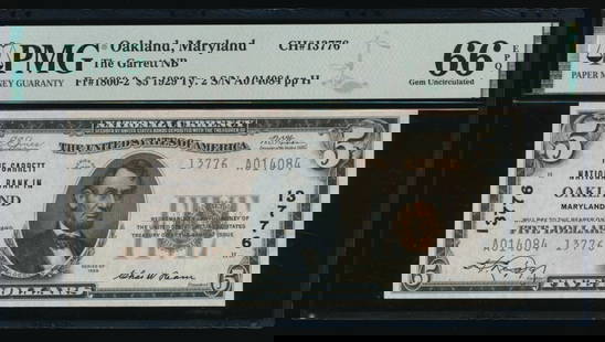 1929 $5 Oakland MD National PMG 66EPQ: One 1929 $5 Oakland MD National PMG 66EPQ.
