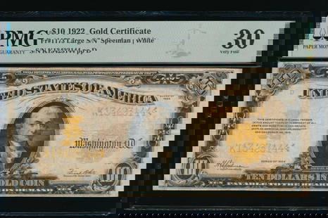 1922 $10 Gold Certificate PMG 30: One 1922 $10 Gold Certificate PMG 30.