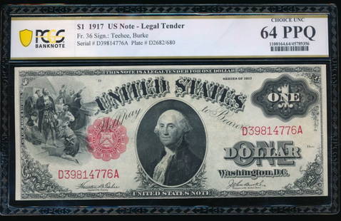1917 $1 Legal Tender Note PCGS 64PPQ: One 1917 $1 Legal Tender Note PCGS 64PPQ.