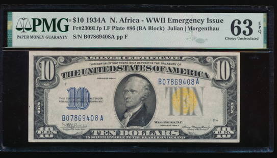 1934A $10 N Africa Silver Certificate PMG 63EPQ: One 1934A $10 N Africa Silver Certificate PMG 63EPQ.
