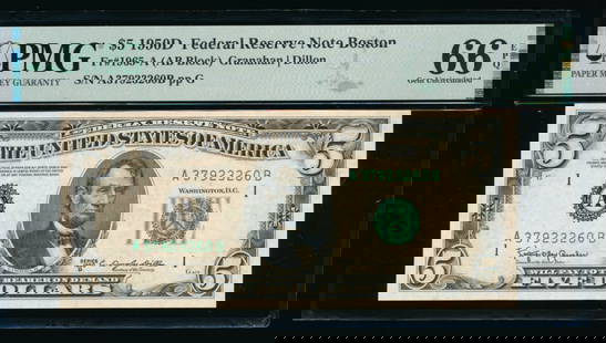 1950D $5 Boston FRN PMG 66EPQ: One 1950D $5 Boston FRN PMG 66EPQ.