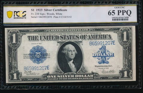 1923 $1 Silver Certificate PCGS 65PPQ: One 1923 $1 Silver Certificate PCGS 65PPQ.