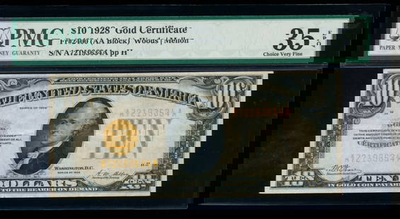 1928 $10 Gold Certificate PMG 35EPQ: One 1928 $10 Gold Certificate PMG 35EPQ.
