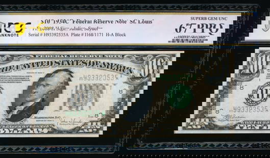 1934C $10 St Louis FRN PCGS 67PPQ: One 1934C $10 St Louis FRN PCGS 67PPQ.