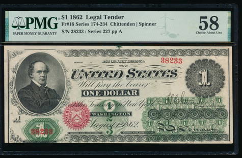 1862 $1 Legal Tender Note PMG 58: One 1862 $1 Legal Tender Note PMG 58.