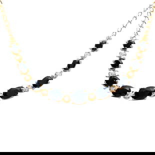 Plated 18KT Yellow Gold 8.90ctw Black Sapphire and Diamond Pendant with Chain: One Plated 18KT Yellow Gold 8.90ctw Black Sapphire and Diamond Pendant with Chain. (9) Black Sapphires measuring with a total weight of 8.90cts. (8) round Diamonds measuring 1.1mm with a color of I-J