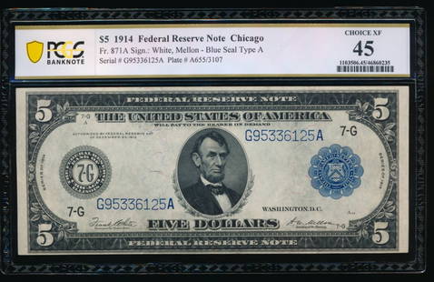 1914 $5 Chicago FRN PCGS 45: One 1914 $5 Chicago FRN PCGS 45.