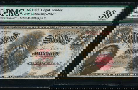 1907 $5 Legal Tender Note PMG 30: One 1907 $5 Legal Tender Note PMG 30.