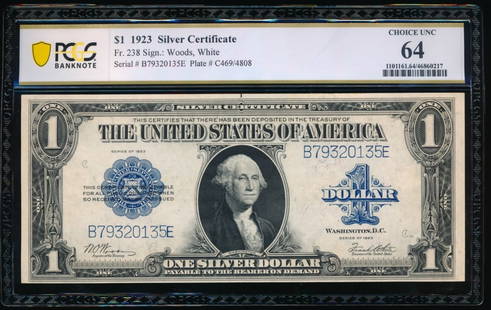 1923 $1 Silver Certificate PCGS 64: One 1923 $1 Silver Certificate PCGS 64.