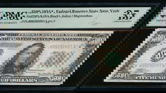 1934A $500 New York FRN PCGS 35: One 1934A $500 New York FRN PCGS 35.