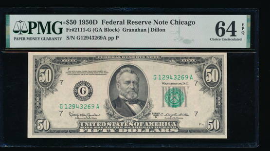 1950D $50 Chicago FRN PMG 64EPQ: One 1950D $50 Chicago FRN PMG 64EPQ.