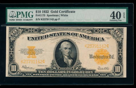 1922 $10 Gold Certificate PMG 40EPQ: One 1922 $10 Gold Certificate PMG 40EPQ.