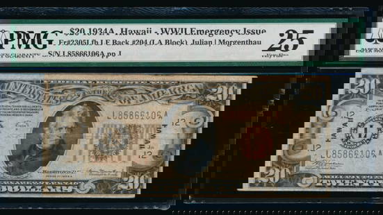 1934A $20 Hawaii FRN PMG 25: One 1934A $20 Hawaii FRN PMG 25.