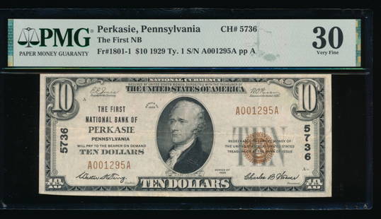 1929 $10 Perkasie PA National PMG 30: One 1929 $10 Perkasie PA National PMG 30.