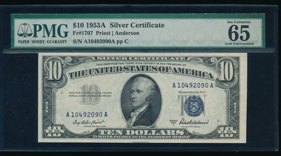 1953A $10 Silver Certificate PMG 65: One 1953A $10 Silver Certificate PMG 65.