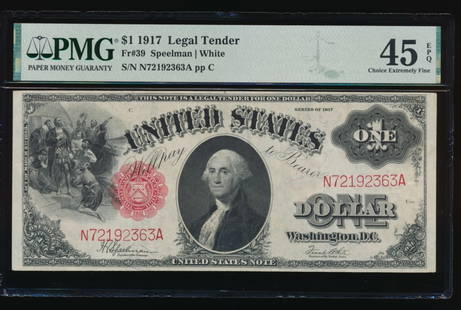 1917 $1 Legal Tender Note PMG 45EPQ: One 1917 $1 Legal Tender Note PMG 45EPQ.