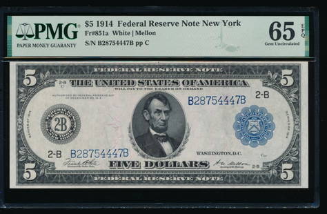 1914 $5 New York Federal Reserve Note PMG 65EPQ: One 1914 $5 New York Federal Reserve Note PMG 65EPQ.