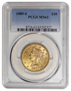 1889-S $10 Liberty Head Eagle Gold Coin PCGS MS63: One 1889-S $10 Liberty Head Eagle Gold Coin PCGS MS63.