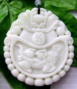 Jade Asian Decor 258cts Real Jade White and Green Tai-Ji And Pi-Xiu Dragon Coin Amulet: Auspicious Chinese jade carved Dragon Tai-Ji Pixiu Dragon. This is an auspicious pattern pendant for you to wear. It is believed to bring you good luck and wealth. Free silk cord for necklace. Free je