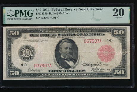 1914 $50 Red Seal Cleveland FRN PMG 20: One 1914 $50 Red Seal Cleveland FRN PMG 20.