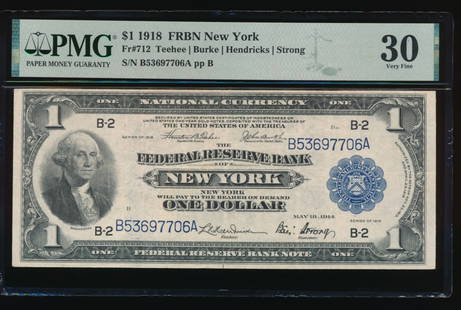 1918 $1 New York FRBN PMG 30: One 1918 $1 New York FRBN PMG 30.