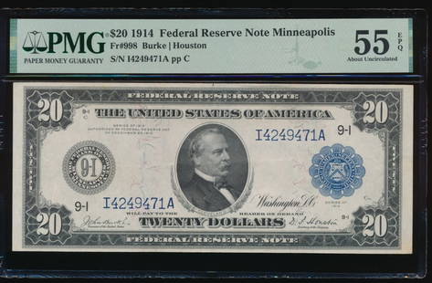 1914 $20 Minneapolis FRN PMG 55EPQ: One 1914 $20 Minneapolis FRN PMG 55EPQ.