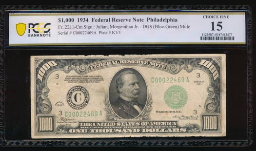 1934 $1000 Philadelphia FRN PCGS 15: One 1934 $1000 Philadelphia FRN PCGS 15.