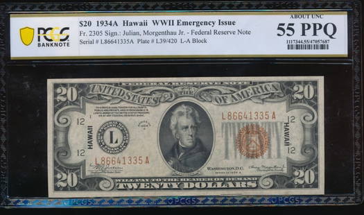 1934A $20 Hawaii FRN PCGS 55PPQ: One 1934A $20 Hawaii FRN PCGS 55PPQ.