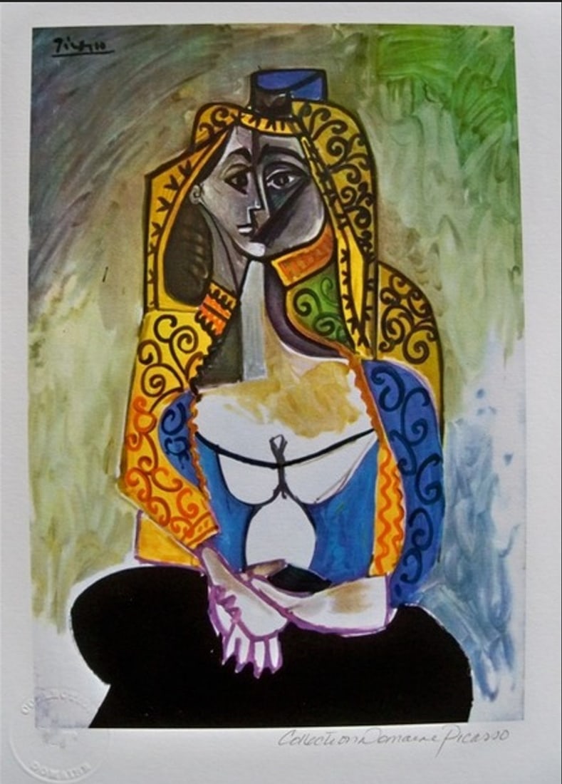 Pablo Picasso TURKISH SHAWL Giclee: PABLO PICASSO (ESTATE COLLECTION DOMAINE) (1881-1973) small giclee titled “TURKISH SHAWL”. This piece is pencil signed on the lower right as ‘Collection Domaine Picasso’ and has an embosse