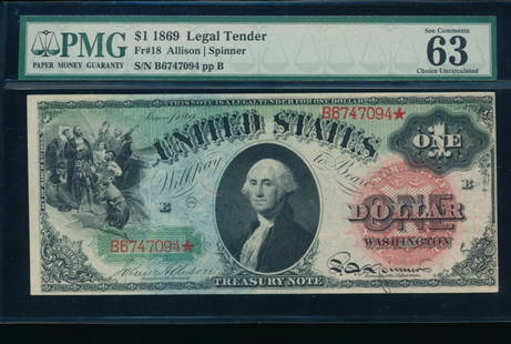 1869 $1 Rainbow Legal Tender Note PMG 63: One 1869 $1 Rainbow Legal Tender Note PMG 63.