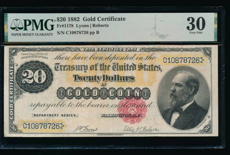 1882 $20 Gold Certificate PMG 30: One 1882 $20 Gold Certificate PMG 30.