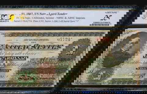 1862 $1 Legal Tender Note PCGS 25: One 1862 $1 Legal Tender Note PCGS 25.