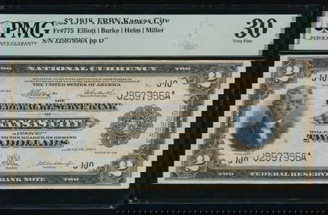1918 $2 Kansas City FRBN PMG 30: One 1918 $2 Kansas City FRBN PMG 30.