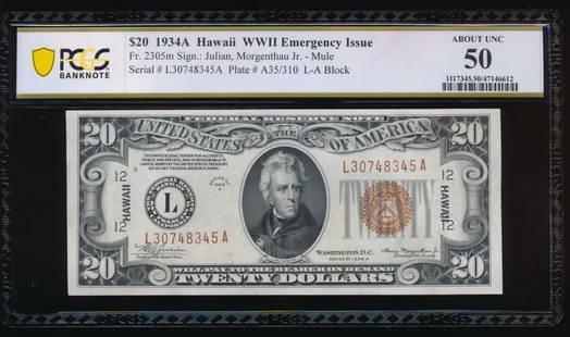 1934A $20 Hawaii Mule FRN PCGS 50: One 1934A $20 Hawaii Mule FRN PCGS 50>