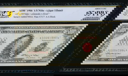 1966 $100 Legal Tender Note PCGS 55PPQ: One 1966 $100 Legal Tender Note PCGS 55PPQ.