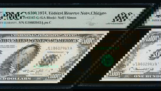 1974 $100 Chicago FRN PMG 66EPQ: One 1974 $100 Chicago FRN PMG 66EPQ.