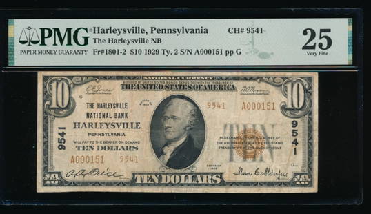 1929 $10 Harleysville PA National PMG 25: One 1929 $10 Harleysville PA National PMG 25.