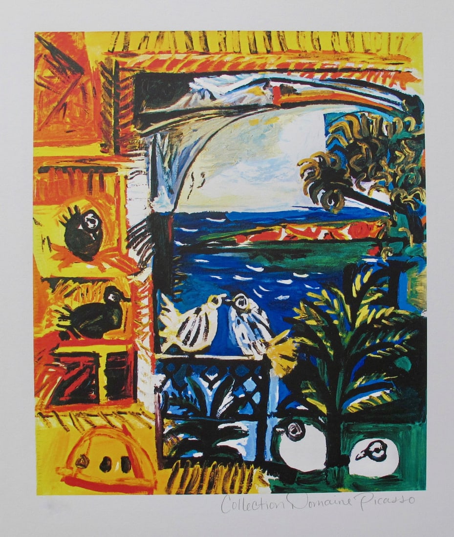 Pablo Picasso The Pigeons: PABLO PICASSO (ESTATE COLLECTION DOMAINE) (1881-1973) small giclee titled “The Pigeons”. This piece is pencil signed on the lower right as ‘Collection Domaine Picasso’ and has an embossed 