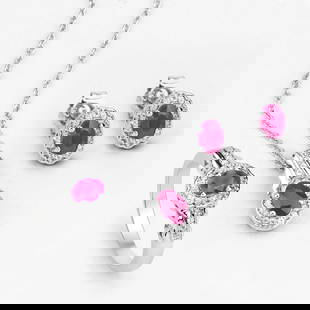 Plated Rhodium 2.08ctw Ruby and White Topaz Jewelry Set: 2.46 Carat Genuine Ruby and White Topaz.925 Sterling Silver 3 Piece Jewelry Set (Ring, Earrings, and Pendant w/ Chain).Ruby Oval/6x4mm - 4/2.08 ctw Prong Setting Natural Heat Treated F + White Topaz R