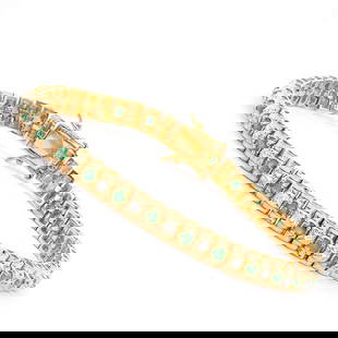 Plated 18KT Yellow Gold 1.80ctw Emerald and Diamond Bracelet: One Plated 18KT Yellow Gold 1.80ctw Emerald and Diamond Bracelet. (27) Emerald stones with a total weight of 1.80cts. Diamonds with a total weight of 0.015cts with a color of I-J and clarity of I-3. T