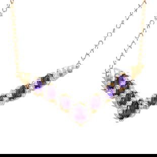 Plated 18KT Yellow Gold 1.70ctw Amethyst and Diamond Pendant with Chain: One Plated 18KT Yellow Gold 1.70ctw Amethyst and Diamond Pendant with Chain. (7) Amethyst stones with a total weight of 1.70cts. (8) Diamonds with a total weight of 0.06cts with a color of I-J and cla