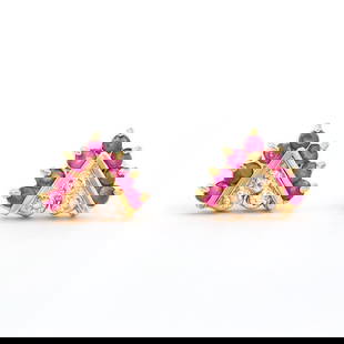 Plated 18KT Yellow Gold 0.75cts Ruby and Diamond Earrings: One pair of Plated 18KT Yellow Gold 0.75cts Ruby and Diamonds Earrings. (14) Red Ruby stones with a total weight of 0.7cts. (6) diamonds with a total of 0.05cts with a color of H-I and clarity of I-3.