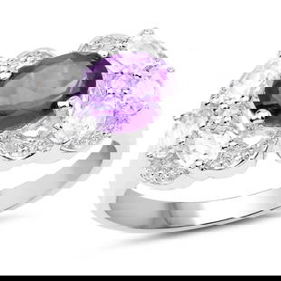 Plated Rhodium 1.15ct Amethyst and White Zircon Ring: 2.75 Carat Genuine Amethyst and White Zircon.925 Sterling Silver Ring. Amethyst Oval/8x6mm - 1/1.15 ctw Natural Not Treated E + White Zircon Oval/4x3mm - 6/1.50 ctw Synthetic Heat Treated CR + White Z
