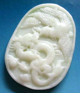 Jade 257cts of Real White Jade Dragon Phoenix Love Amulet: Asian jade dragon phoenix amulet pendant represent power, beauty, love and good fortune. Wearing dragon phoenix is believed to bring love and happiness. Size: 48mm x 34mm. The color is white/green. Co