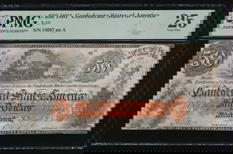 1861 $50 T-15 Confederate PMG 25: One 1861 $50 T-15 Confederate PMG 25.